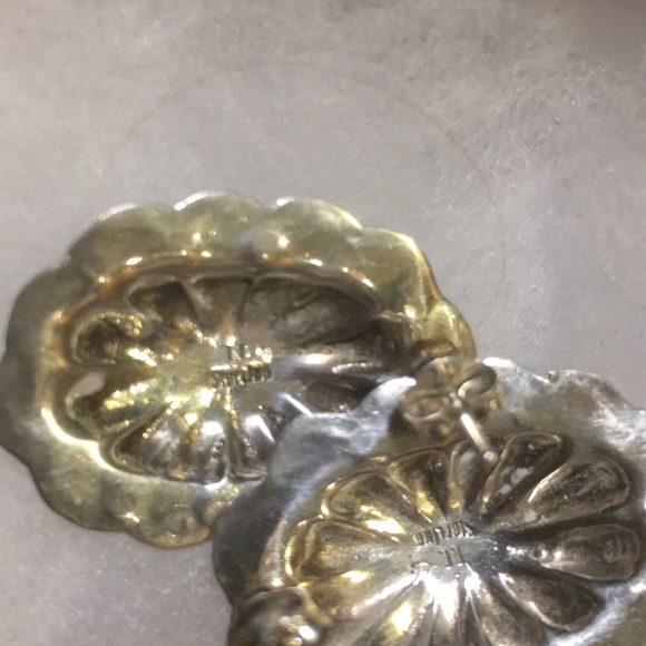 Vintage Navajo Sterling Silver Green Malachite Large Oval Post Earrings Signed - Picture 14 of 16